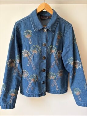 new directions Blue Denim Jean Jacket with Palm Tree Embroidery